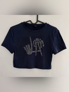 SHEIN Navy Cropped Short Sleeve Tee with Rhinestone Skeleton